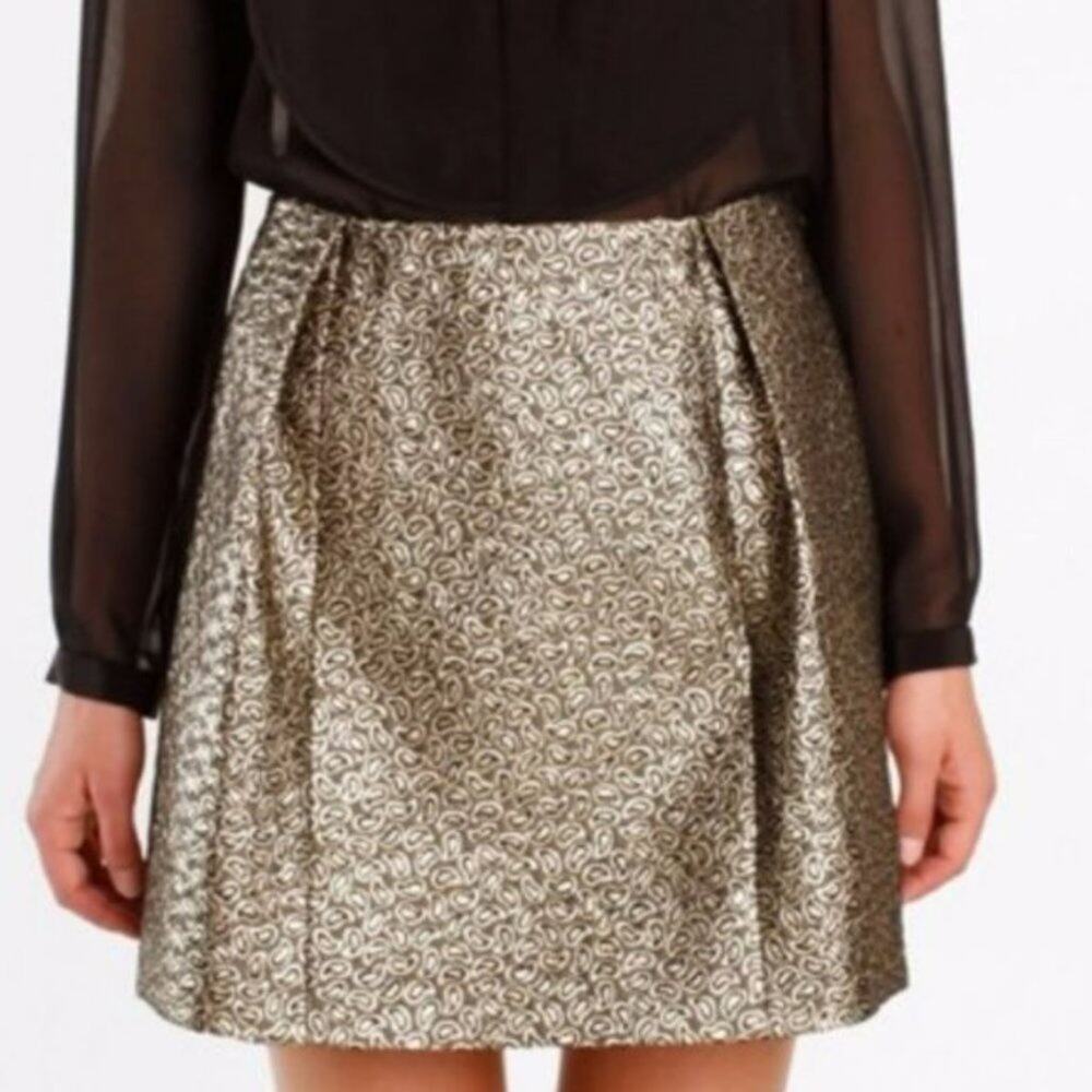 Tibi Jacquard Pleated Gold‎ Black Metallic Paisley Mini Skirt Size 2